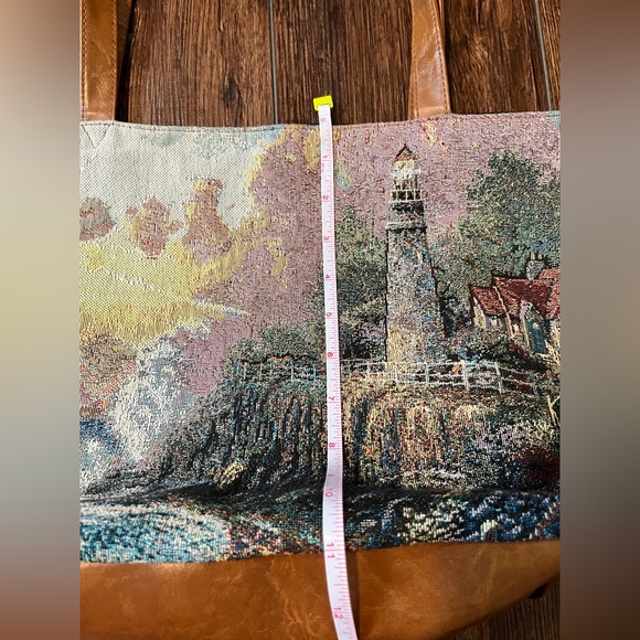 Thomas Kinkade tote. Tapestry design on front. Vegan leather back & bottom. - Picture 11 of 11